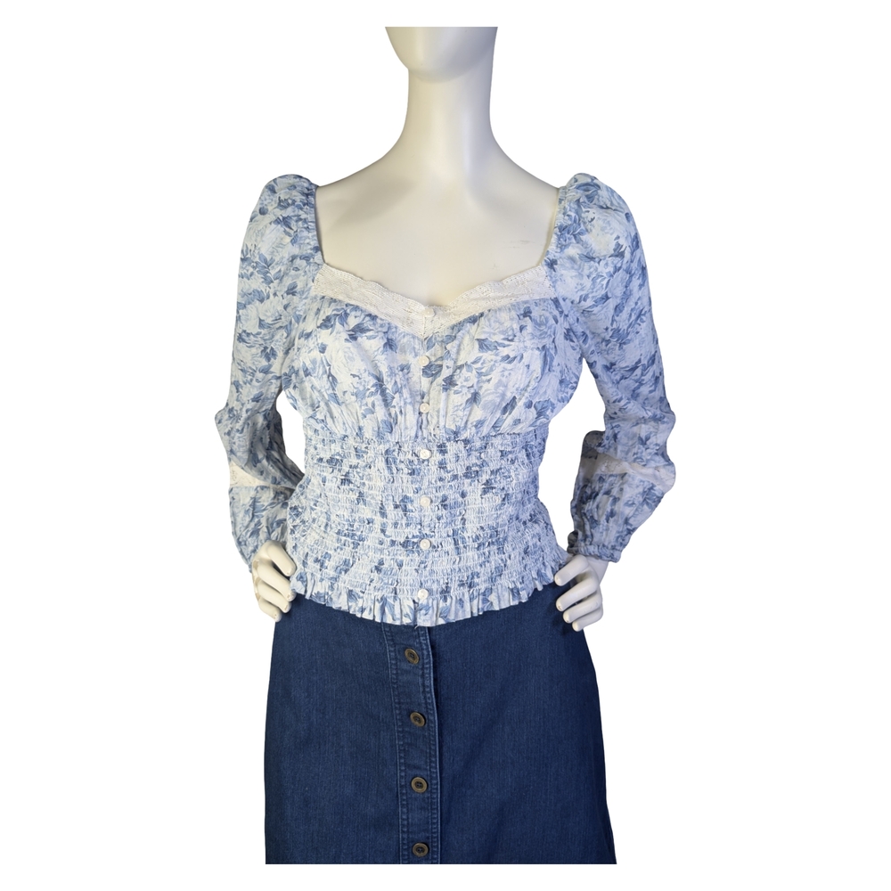 American Eagle Blue Floral Smocked Prairie Blouse | Cottagecore Western | Size M - Picture 6 of 12